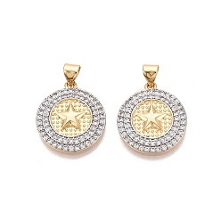 Real Gold Plated & Real Platinum Plated Латунные микропаве прозрачные подвески с фианитом, плоский круглый со звездными подвесками, два тона, настоящее золото и платина, 20x18x3 мм, отверстие : 5x3 мм