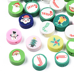 Mixed Color Handmade Polymer Clay Beads, Flat Round with Christmas Themed Patterns, Mixed Color, 9.5~10x4~5mm, Hole: 1.6mm