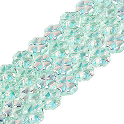 Aquamarine Baking Paint Electroplate Transparent Glass Beads Strands, Four Leaf Clover, AB Color Plated, Aquamarine, 10x10x4.5mm, Hole: 0.7~0.9mm, about 73~86pcs/strand, 29.72~35.63 inch(75.5~90.5cm)