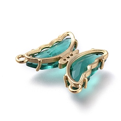 Teal Brass Micro Pave Clear Cubic Zirconia Links, with Glass, Butterfly, Golden, Teal, 18x21.5x4.5mm, Hole: 1.4mm