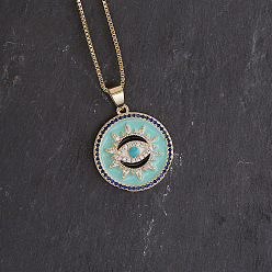 Аквамарин Латунные эмалевые плоские круглые подвески с дурным глазом для женщин, с синим и прозрачным кубическим цирконием, реальный 18 k позолоченный, аквамарин, 15.75 дюйм (40 см)