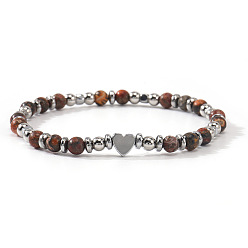 Природный Драгоценный Камень Браслеты из натуральных круглых бусин с глазками из драгоценных камней, эластичные., Украшения для женщин из синтетических немагнитных гематитовых бусин., сердце, 6.89 дюйм (17.5 см)