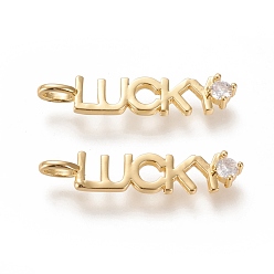 Настоящее золото 18K Латунные микропаве прозрачные подвески с фианитом, долговечный, слово счастливое, реальный 18 k позолоченный, 32x6.6x3.5 мм, отверстие : 4.5x2.5 мм