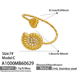 Shell Shape 316 Хирургические кольца из нержавеющей стали с микропаве и прозрачными кубическими циркониями., золотые, формы раковины, внутренний диаметр: 15~20 мм