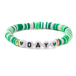 Разноцветный Плоские круглые эластичные браслеты с бусинами хеши из латуни и полимерной глины в форме сердца и надписи «Day» для женщин., красочный, 6.89 дюйм (17.5 см)