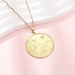 Real 18K Gold Plated 304 Stainless Steel Coin with Sea Wave Pattern Pendant Cable Chain Necklaces for Men Women, Ion Plating(IP), Real 18K Gold Plated, 17.83 inch(45.3cm)