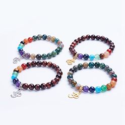 Смешанные камни Природные смешанные камень бисером браслеты простирания, шарм браслеты, со сплавочной фурнитурой, ом символ, 1-5/8 дюйм (40.5 мм)