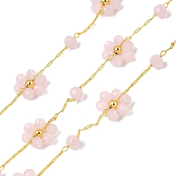 Pink Латунные цепи с цветочными звеньями, со стеклом, стойки покрытие, долговечный, без свинца и без кадмия, несварные, с катушкой, реальный 18 k позолоченный, розовые, 2.8x0.9x0.3 мм