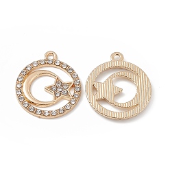 Light Gold Сплава кристалла горный хрусталь подвески, плоский круглый со звездными подвесками, золотой свет, 23x20x2 мм, отверстие : 1.8 мм