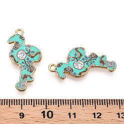 Turquoise Printed Light Gold Tone Alloy Pendants, Flamingo Charms, Turquoise, 28.5x14x2mm, Hole: 1.5mm