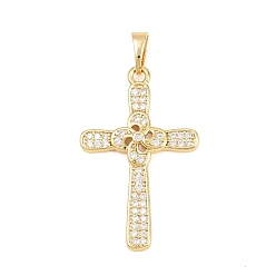Настоящее золото 18K Латунные микропаве прозрачные подвески с фианитом, без кадмия и без свинца, крест с цветочными подвесками, реальный 18 k позолоченный, 32x20x3.5 мм, отверстие : 3.5x6 мм