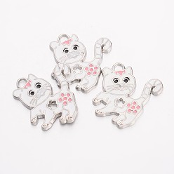 Blanc Pendentifs chaton en alliage émail, sans cadmium et sans plomb, avec strass, chat en forme de fleur, platine, blanc, longueur d'environ 25.5 mm ,  largeur de 24 mm, épaisseur de 2mm, Trou: 2mm