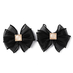 Black Polyester Tulle Bowknot Shoe Decorations, Detachable Shoe Buckle Clips, with Light Gold Plated Iron Findings, Black, 99x108x13mm