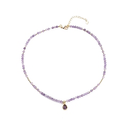 Indigo Collier pendentif en forme de larme de zircone cubique avec des chaînes de perles d'améthyste naturelle, bijoux en pierres précieuses pour femmes, indigo, 16.06 pouce (40.8 cm)