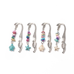 Antique Silver Tibetan Style Alloy Mermaid Bookmarks, with Dyed Synthetic Turquoise Beads, Starfish & Turtle, Antique Silver, 78mm, 4pcs/set
