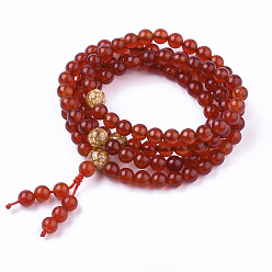 Natural Agate 3-Loop Wrap Style Buddhist Jewelry, Natural Agate Mala Bead Bracelets, Stretch Bracelets, Round, 26.38 inch(67cm)