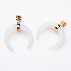 Опал Opalite подвески, с фурнитурой латунной золотого тона, двойной рог / полумесяц, 35x32x10 мм, отверстие : 4.5x8 мм