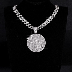 Платина Ожерелья-медальоны из кубинской цепи в стиле хип-хоп с подвеской из цельного хрусталя и стразами для мужчин и женщин, платина, 19.69 дюйм (50 см), 14 мм