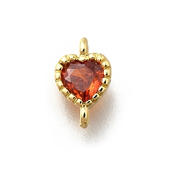 Оранжево-Красный Подвески-соединители из латуни с кубическим цирконием в форме сердца, реальный 18 k позолоченный, без свинца и без кадмия, долговечный, стойки покрытие, оранжево-красный, 9x5x2 мм, отверстие : 1 мм