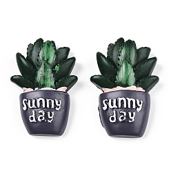 Dark Green Opaque Resin Decoden Cabochons, Sunny Day Potted Cactus, Dark Green, 34x23x9mm
