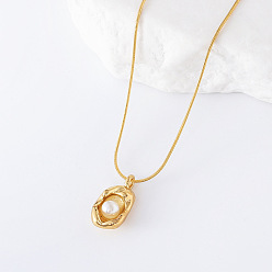 Золотой 1Ожерелья из нержавеющей стали с пластиковым жемчугом и овальной подвеской для женщин, кремово-белые, золотые, 15.75 дюйм (40 см)