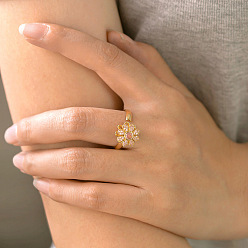 Golden Brass Micro Pave Cubic Zirconia Rotating Finger Rings, Flower, Fidget Spinner Ring for Calming Worry Meditation, Golden, 15~20mm