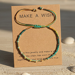 Зеленый Латунные круглые бусины плетеные браслеты из бисера, Регулируемые браслеты из плетеной нейлоновой нити для женщин, градиент цвета, с бумажной карточкой, зелёные, 11.02 дюйм (28 см)