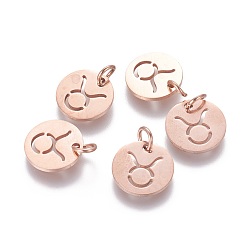 Taurus 304 Stainless Steel Charms, Flat Round with Constellation/Zodiac Sign, Rose Gold, Taurus, 12x1mm, Hole: 3mm