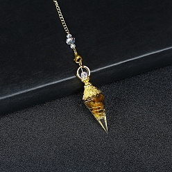 Tiger Eye Resin Cone Dowsing Pendulums, Natural Tiger Eye Chip inside and Metal Findings Charm, 380mm