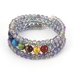 Medium Slate Blue Electroplate Glass Wrap Bracelets, with Mixed Gemstone, 3-Loop, Round, Medium Slate Blue, 53mm