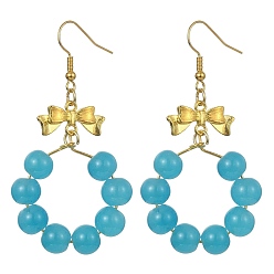 Небесно-голубой Серьги с подвесками и кольцом из искусственного нефрита из стеклянных бусин, длинные серьги-подвески из золотого сплава с бантом, голубой, 63x32 мм