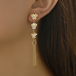 Золотой Серьги-гвоздики из нержавеющей стали с бахромой в виде бабочки и ракушкой в винтажном стиле, универсальный аксессуар высшего класса, золотые, 75 мм