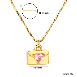 Oro 304 Collares con colgante de corazón tipo sobre de acero inoxidable con circonitas cúbicas rosas para mujer, dorado, 15.75 pulgada (40 cm)