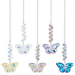 Mixed Color 5Pcs 5 Colors Butterfly Quartz Crystal Pendant Decoration, with Iron Ring, for Car Hanging Decor, Mixed Color, 280~282mm, 1pc/color
