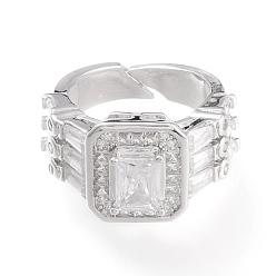 Платина Регулируемые латунные кольца микро манжеты из прозрачного циркония, открытые кольца, долговечный, прямоугольные, платина, размер США 7 1/4 (17.5 мм)