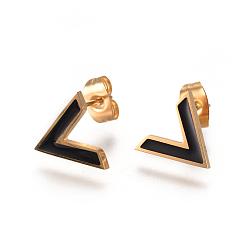 Golden 304 Stainless Steel Stud Earrings, with Black Enamel and Ear Nuts/Earring Back, Initial Letter V, Golden, 10x12x1.5mm, Pin: 0.8mm