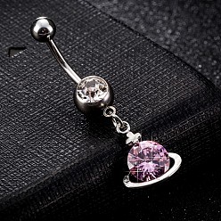 Pink Piercing-Schmuck, Messing Zirkonia Nabel Ring, Bauchringe, mit 304 Edelstahlleiste, cadmiumfrei und bleifrei, Planet, Platin Farbe, rosa, 39x12 mm, Stange: 15 Spurweite(1.5mm), Stangenlänge: 3/8"(10mm)
