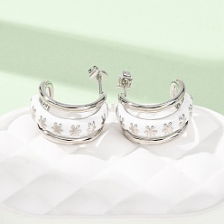 Platinum Rack Plating Brass Enamel Stud Earrings, Flower Pattern, Half Hoop Earrings, Cadmium Free & Lead Free, Long-Lasting Plated, Platinum, 20x12mm
