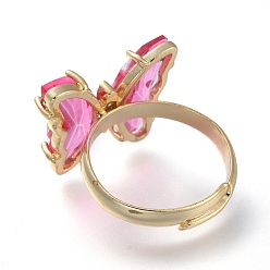 Hot Pink Adjustable Brass Glass Finger Rings, with Clear Cubic Zirconia, Butterfly, Golden, Hot Pink, Size 7, Inner Diameter: 17mm
