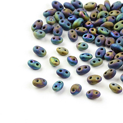 Blue Plated 2-Hole Seed Beads, Czech Glass Beads, Blue Plated, 5x3.5x3mm, Hole: 0.5mm, about 5850pcs/bag, 450g/bag