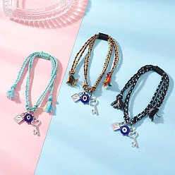 (52) Непрозрачная лаванда 3шт. 3 цветов браслеты с подвесками из сплава и лэмпворка ручной работы, регулируемые плетеные браслеты из хлопкового шнура для женщин, дурной глаз, ключ и замок, разноцветные, внутренний диаметр: 2-1/4~3-7/8 дюйм (5.85~9.9 см)