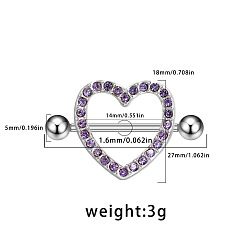 Сердце 316l Кольца для сосков из хирургической нержавеющей стали с фиолетовым кубическим цирконием, цвет нержавеющей стали, сердце, 14 мм