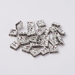 Black Diamond Brass Rhinestone Spacer Beads, Grade A, Nickel Free, Silver Metal Color, Square, Black Diamond, 6x6x3mm, Hole: 1mm
