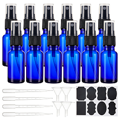 Blue Round Shoulder Glass Spray Bottles, with Fine Mist Sprayer & Dust Cap, Chalkboard Sticker Labels, Plastic Funnel Hopper, Plastic Dropper, Blue, 30x95mm, Capacity: 20ml, 12sets