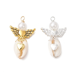 Сердце 2 шт. 2 цвета подвески-ангелы из натуральной ракушки каури, обмотанные медной проволокой, с крыльями из сплава и синтетическими немагнитными гематитовыми бусинами и имитацией жемчуга из АБС-пластика, золотые, сердце, 38~39.5x21.5x8~8.5 мм, отверстие : 3 мм, 1 шт / цвет