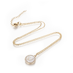 Letter U Brass Initial Pendant Necklaces, with Shell, Cubic Zirconia and 304 Stainless Steel Cable Chains, Flat Round with Letter, Letter.U, 17.5 inch(44.5cm), 1.5mm
