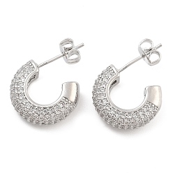 Platinum Brass Pave Clear Cubic Zirconia Stud Earrings, Toroidal, Platinum, 19.5x4.5mm