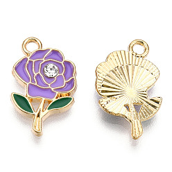 Pourpre Moyen Pendentifs en alliage de barillet, avec l'émail et strass, sans cadmium et sans nickel et sans plomb, fleur, or et de lumière, support violet, 18.5x11.5x2.5mm, Trou: 1.8mm