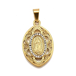 Oval 304 подвески из нержавеющей стали, со стразами, религиозная тема, вакуумное покрытие pvd, очарование леди Гваделупской, золотые, овальные, 29x18.5x2 мм, отверстие : 3x7 мм