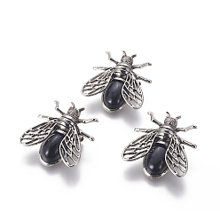 Black Agate Natural Black Agate Brooches, with Brass Findings, Cicada, Antique Silver, 38x36x8mm, Pin: 0.6mm